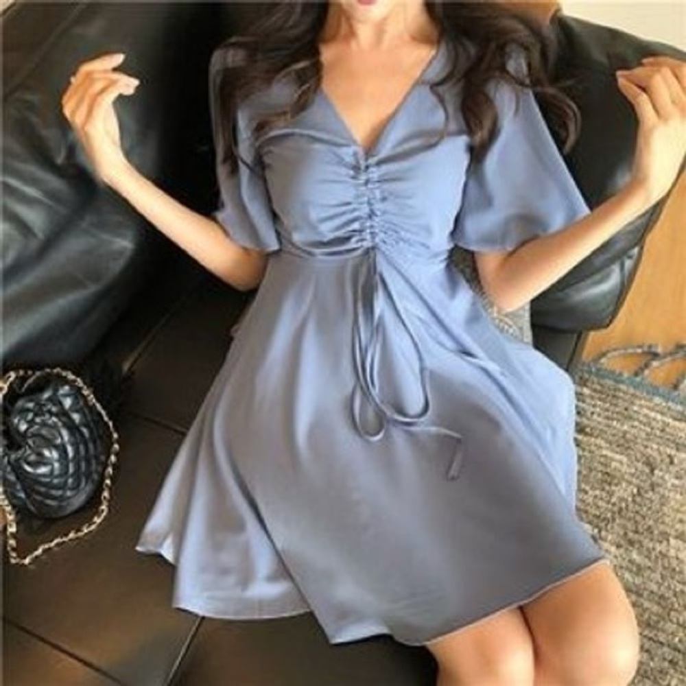 Essere - Short-Sleeve V-Neck Drawstring A-Line Dress